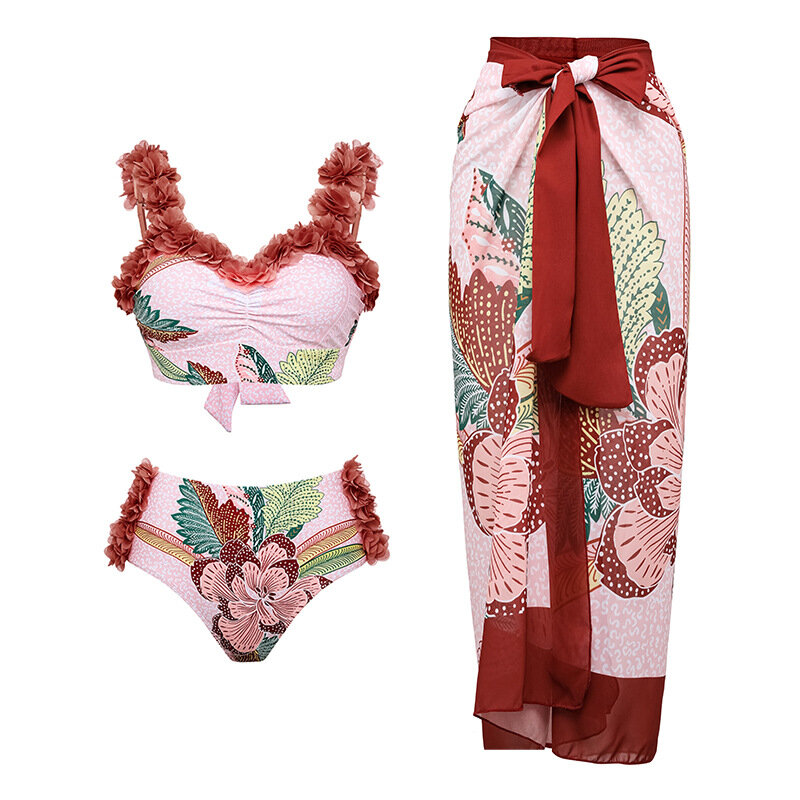 3D زهرة طباعة مع تنورة للنساء ، فستان شاطئ فاخر ، مجموعة عالية الخصر ، بيكيني ثوب سباحة كلاسيكي ، ملابس سباحة