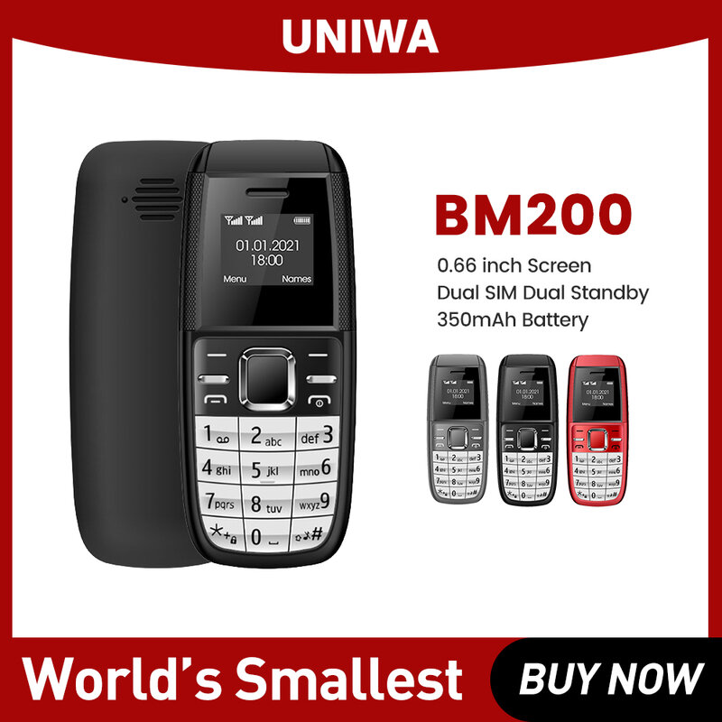 هاتف صغير للغاية من UNIWA BM200 مقاس 0.66 بوصات ، هاتف محمول مزود بجيب ، مع لوحة مفاتيح بأزرار ، وشريحتين ، الاستعداد لكبار السن MT6261D GSM رباعية الموجات