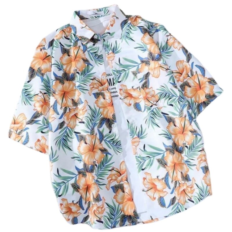 قميص رجالي رقيق قصير الأكمام بزهور ، جاكيت شاطئ هاواي فضفاض وسيم ، أزياء الصيف