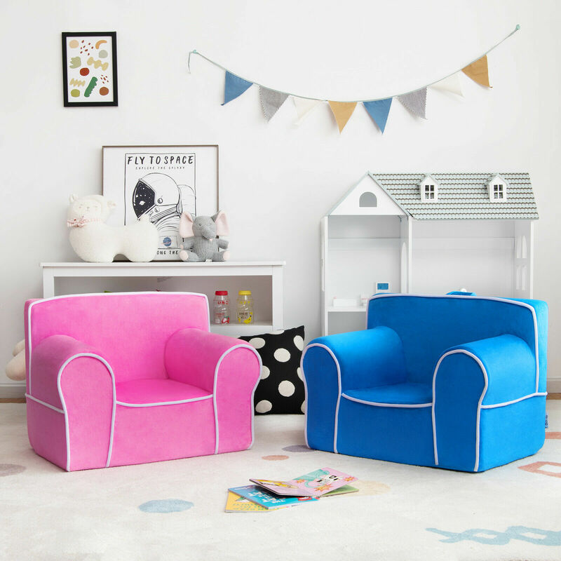 أريكة للأطفال الصغار محشوة بالرغوة بذراعين مع نسيج مخملي هدية مثالية للأطفال أزرق HV10047BL