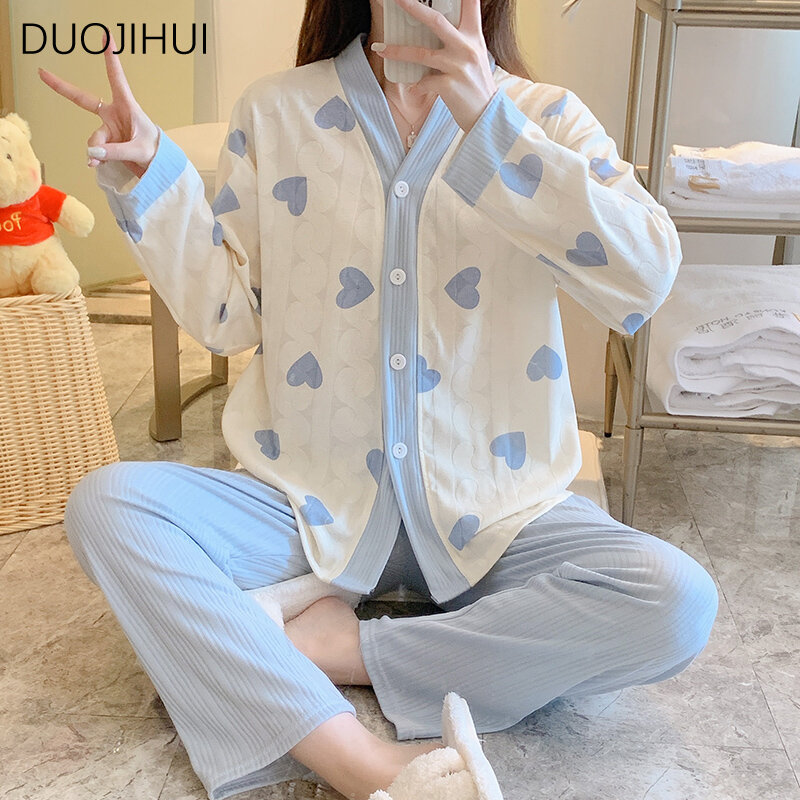 DUOJIHUI-طقم بيجامات من قطعتين للنساء ، سترة برقبة على شكل حرف V ، بنطال فضفاض أساسي ، أزياء منزلية غير رسمية ، حلوة وبسيطة ، خريف