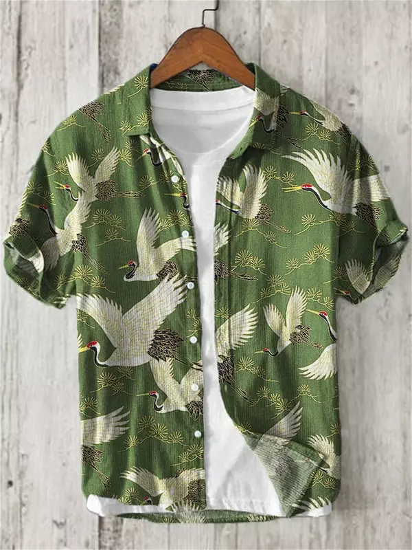 قميص هاواي بأكمام قصيرة مع طبعة حوتية ، قميص كتان فني ياباني عتيق ، ياقة قلاب ، صدر واحد ، جديد ، كارديجة