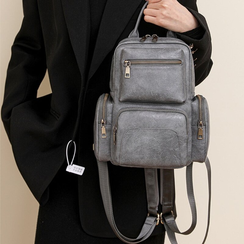 حقيبة ظهر نسائية من جلد البولي يوريثان حقيبة كتف عصرية مع جيوب متعددة على الصدر حقيبة مدرسية للاستخدام في الهواء الطلق