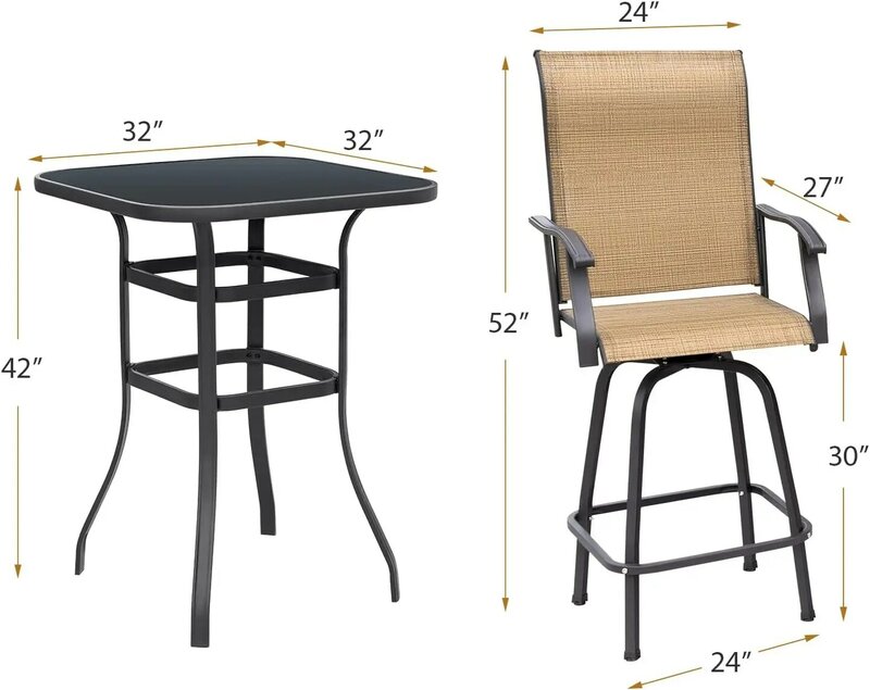 طقم دوار للفناء ، طاولة علوية وكراسي ، قماش حبال تكستالين ، مقاعد بار خارجية ، طقم من 2 ، 3