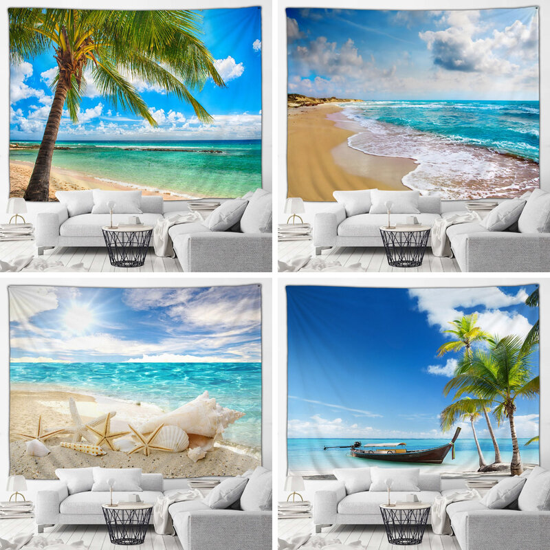 شاطئ المحيط شجرة جوز الهند في الهواء الطلق المناظر الطبيعية ، نسيج ، المناظر الطبيعية هاواي ، تعليق جدار السينما ، غرفة المعيشة جدارية ديكور الفن