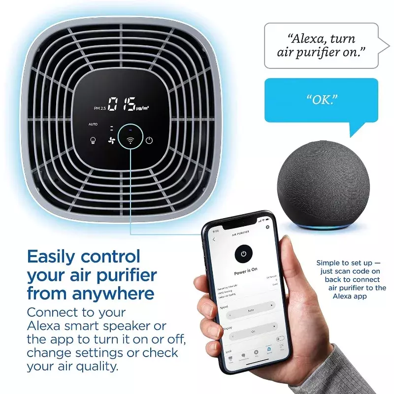 Clorox-أجهزة تنقية هواء ذكية للمنزل ، فلتر HEPA حقيقي ، يعمل مع أليكزا ، غرف كبيرة تصل إلى روض قدم مربع ، يزيل الفيروسات