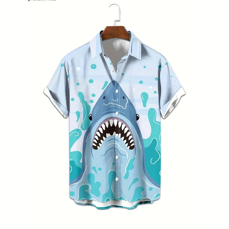 قميص هاواي بأكمام قصيرة للرجال ، نمط سمك القرش الحيواني ، طباعة ثلاثية الأبعاد ، ملابس الشارع ، قمصان كبيرة الحجم ، ملابس الصيف