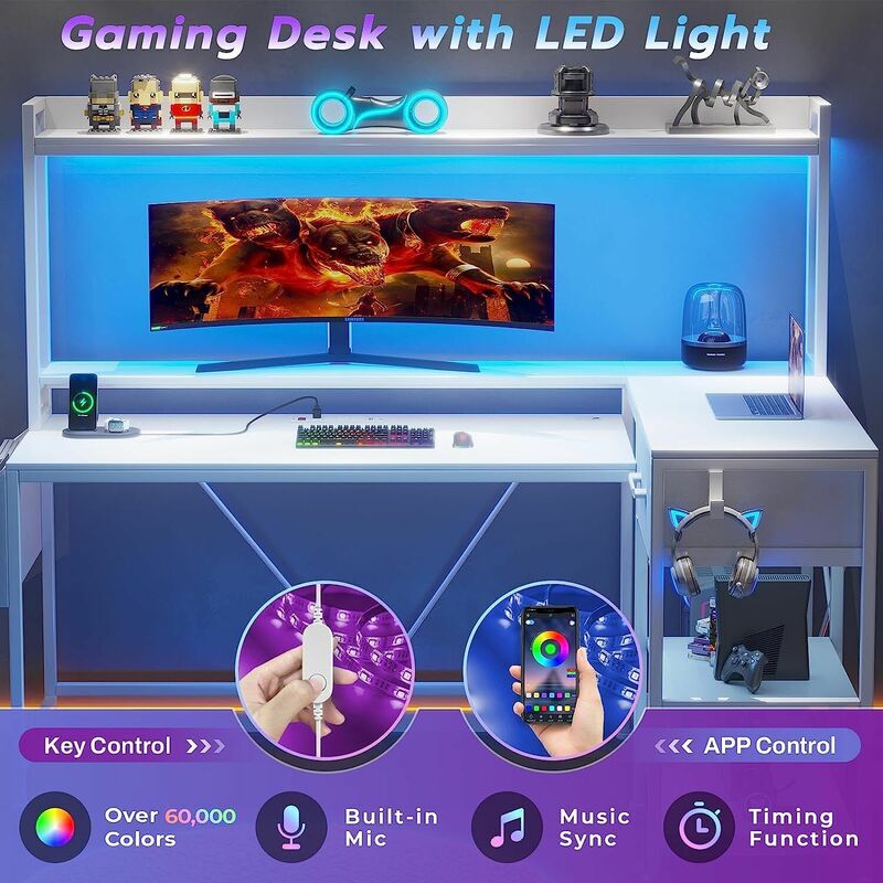 مكتب ألعاب على شكل حرف L ، مكتب كمبيوتر مع درج من القماش ، مصابيح LED للمكتب المنزلي