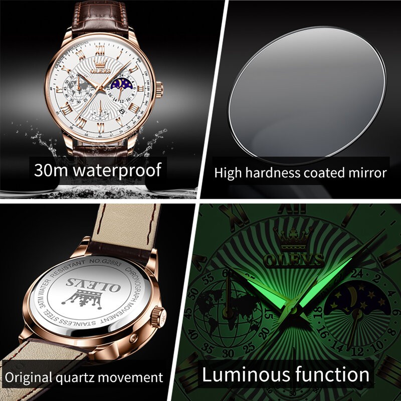 ساعة كوارتز كرونوغراف جلدية فاخرة للرجال متعددة الوظائف ، ساعة القمر ، ساعات مضيئة 24 ساعة ، موضة جديدة
