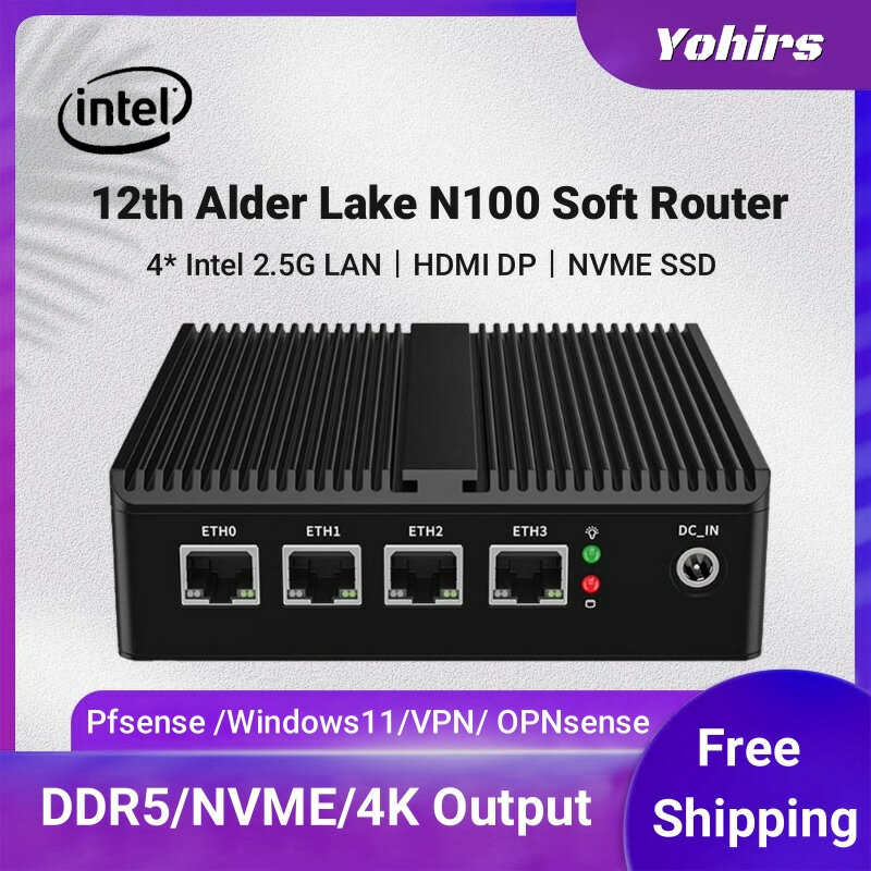 إنتل N100 بدون مروحة كمبيوتر صناعي صغير N5105 4x2.5G i226 i225 LAN DDR5 NVMe لينة راوتر جدار الحماية HDMI2.0 OPNsense PVE ESXi المضيف