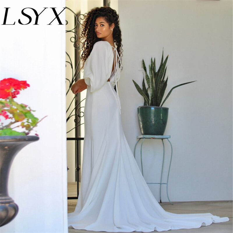 LSYX-فستان زفاف حورية البحر عارية الذراعين ، رقبة حرف V عميقة ، أكمام منفوخة ، بسيطة ، ثوب زفاف بقطار المحكمة ، مصنوع خصيصًا ، أنيق