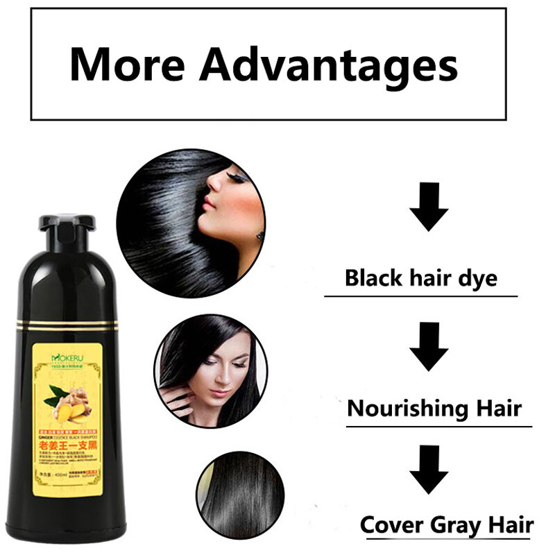 شامبو صبغة شعر سوداء دائم للنساء والرجال ، يغطي الشعر الرمادي والأبيض ، 5 دقائق ، عضوي طبيعي ، زنجبيل