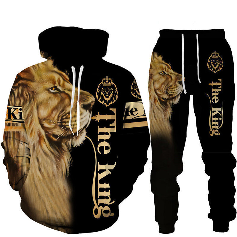 بدلة رياضية بغطاء للرأس بطباعة ثلاثية الأبعاد من Cool The Lion King بدلة رياضية للرجال طقم مكون من قطعتين طقم ملابس للركض للرجال