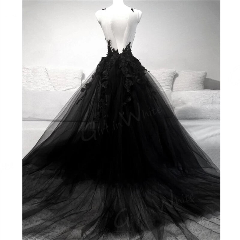 مثير أسود طويل فستان الزفاف تول عميق الخامس الرقبة الدانتيل يزين ثوب زفاف عارية الذراعين عالية الجودة Vestidos دي نوفيا