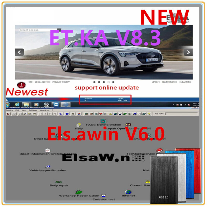 2022 رائجة البيع ELSAWIN 6.0 مع E T/ K 8 .3 أحدث ل A-udi ل V-W مجموعة برامج إصلاح السيارات المركبات قطع الغيار الإلكترونية كتالوج