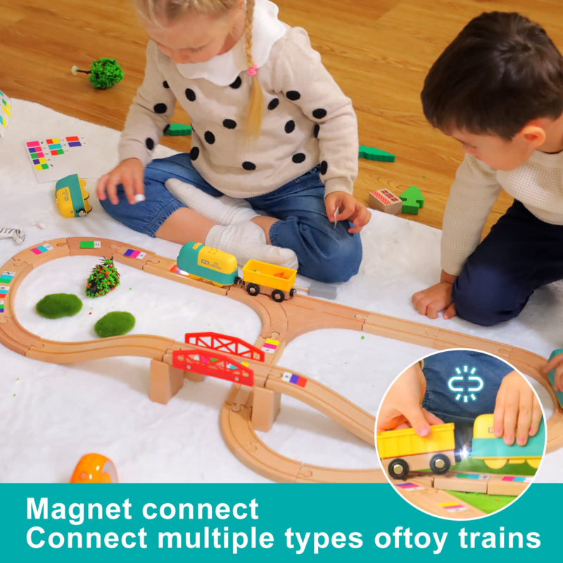 Robobloq مجموعات القطار الخشبي ، لعبة القطار الذكية للأطفال ما قبل المدرسة ، 19 ملصقات ملونة الاستشعار ، 3 طرق لعبة ، متوافقة عالية