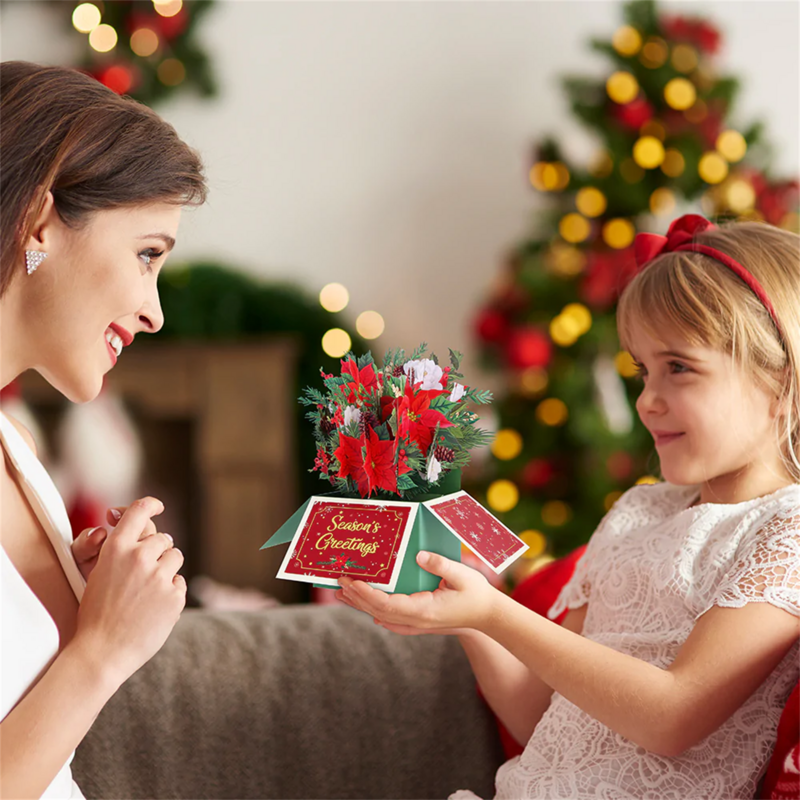 بطاقات بريدية ثلاثية الأبعاد عيد الميلاد البونسيتة بطاقة تحية على شكل حيوانات بطاقات ثانكيك مع مغلف سعيد السنة الجديدة ديكور المنزل #4