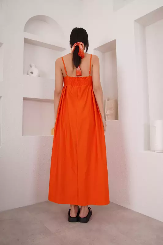 البرتقال حزام فستان ستان-2022 موضة المرأة الاتجاه فستان صيفي-تصميم خاص وتبدو فاخرة وأنيقة فستان