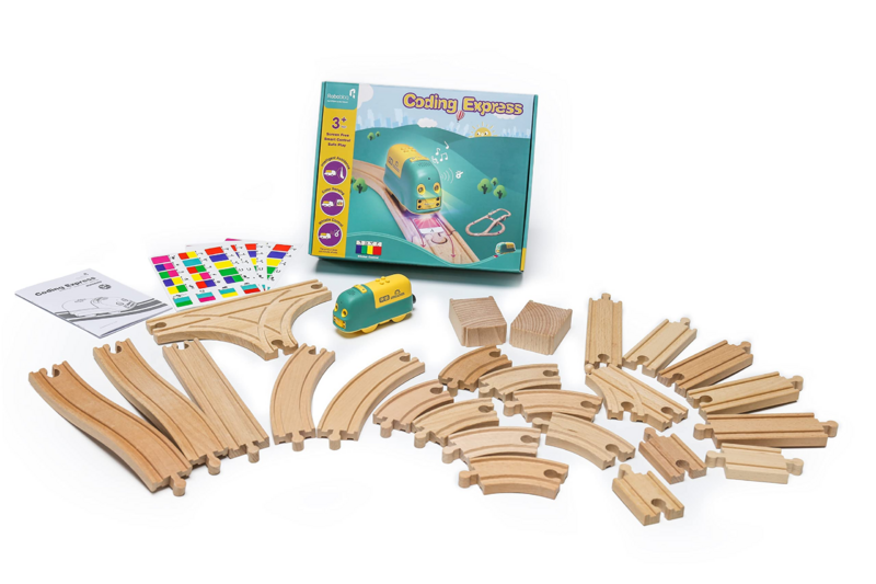 Robobloq مجموعات القطار الخشبي ، لعبة القطار الذكية للأطفال ما قبل المدرسة ، 19 ملصقات ملونة الاستشعار ، 3 طرق لعبة ، متوافقة عالية