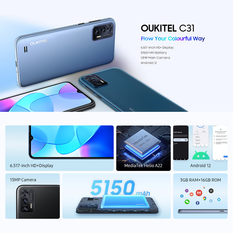 [العرض العالمي] OUKITEL C31 الهاتف الذكي 6.517 ''HD + 3GB + 16GB الهاتف المحمول 5150mAh 13MP كاميرا خلفية ثلاثية أندرويد 12 الهاتف المحمول