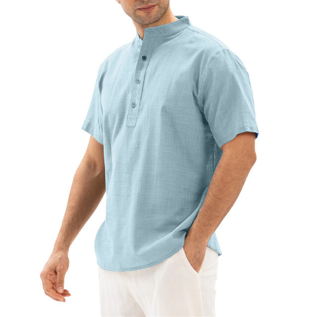الرجال قميص كتان كم قصير فضفاض زر الصيف بلون الراحة القطن والكتان قمصان فضفاضة عادية
