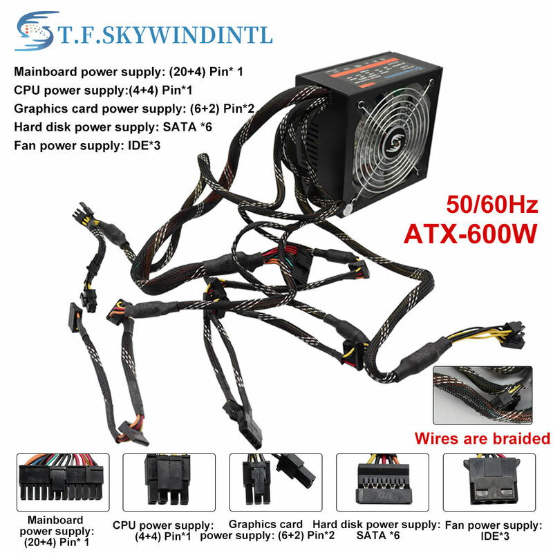 T.F.SKYWINDINTL 600 واط امدادات الطاقة 80 زائد نشط PFC PSU ATX ألعاب الكمبيوتر بطاقات الرسومات للكمبيوتر إنتل AMD