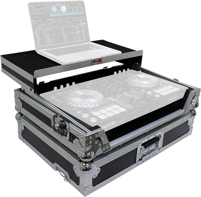 ProX Flight Case for Pioneer DDJ-SR2 Digital Controller With Laptop Shelf and Bonus LED Kit - Silver on Black Design - XS-DDJSR2