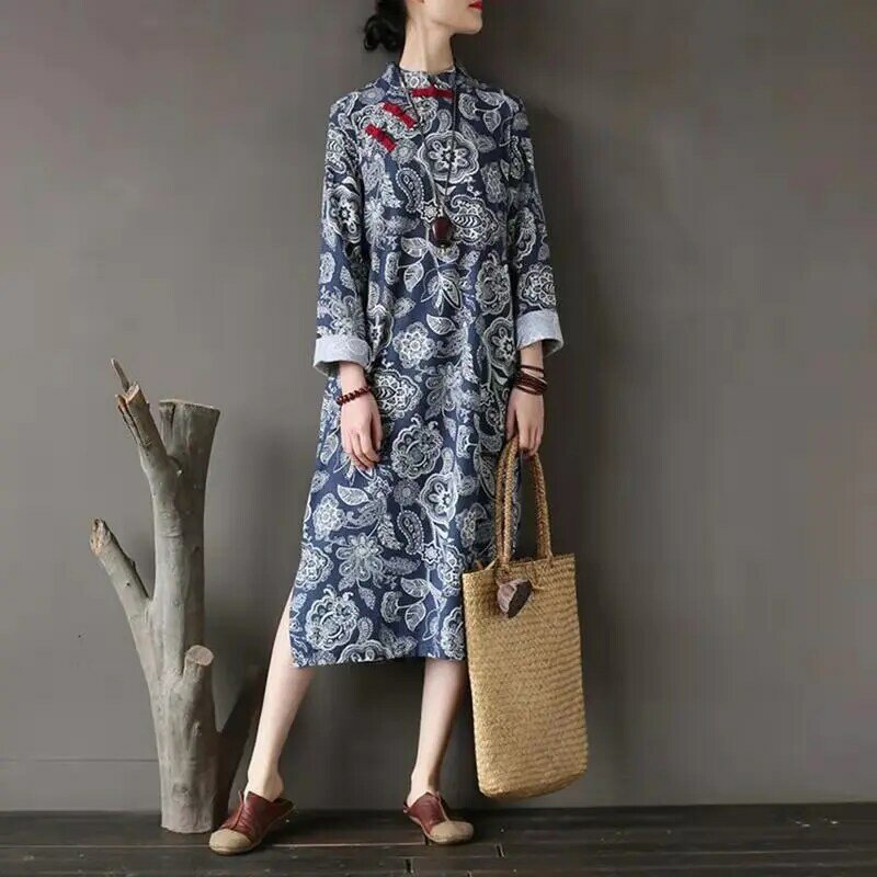 القطن الكتان المرأة الوقوف طوق أزرار شيونغسام الصيف فستان صيني تقليدي خمر الأزهار المطبوعة فستان الشمس Vestido