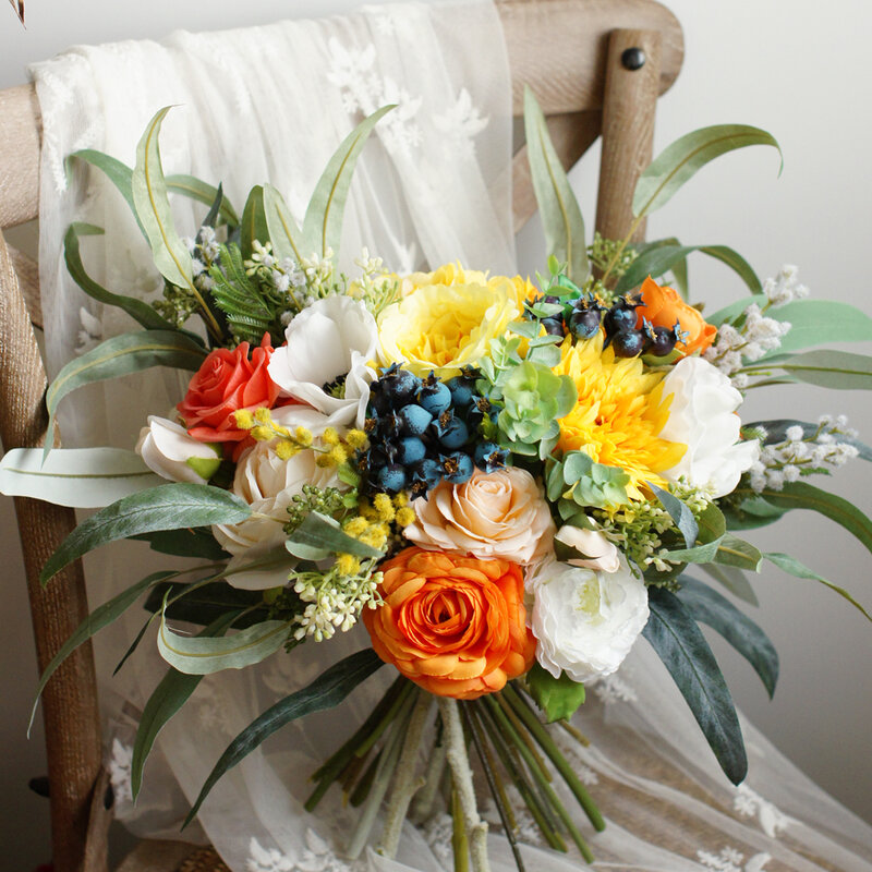 SESTHFAR-باقة أزهار التوت الشتوية ، باقة الزفاف ، عباد الشمس البرتقالي والأصفر ، باقة كبيرة للعروس