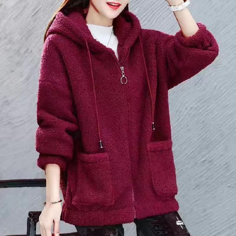 الكورية المرأة صوف الضأن معطف موضة جديدة للخريف والشتاء خياطة مقنعين الدافئة لينة سستة سترة نسائية معطف المرأة