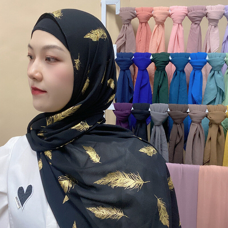 سلسلة سوداء الشيفون الحجاب وشاح البرنز ريشة ورقة الهندسة نمط شال الحجاب للنساء المسلمات الحجاب الأوشحة عمامة