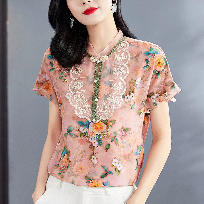 الصينية نمط المرأة الوردي قميص أنيق اليوسفي طوق قصيرة الأكمام التطريز 100% الحرير الطبيعي الحقيقي سيدة الأزهار طباعة بلوزة
