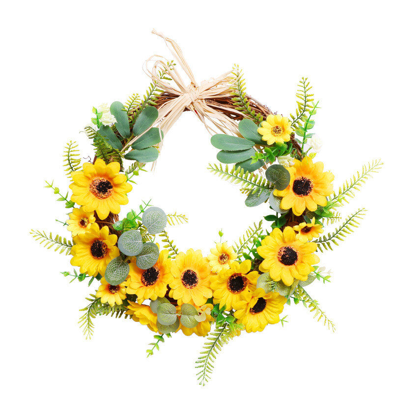 عباد الشمس الاصطناعية الصيف إكليل-ورد صناعي مزخرف اكليلا من الزهور مع عباد الشمس الأصفر والأوراق الخضراء للباب الأمامي I #1