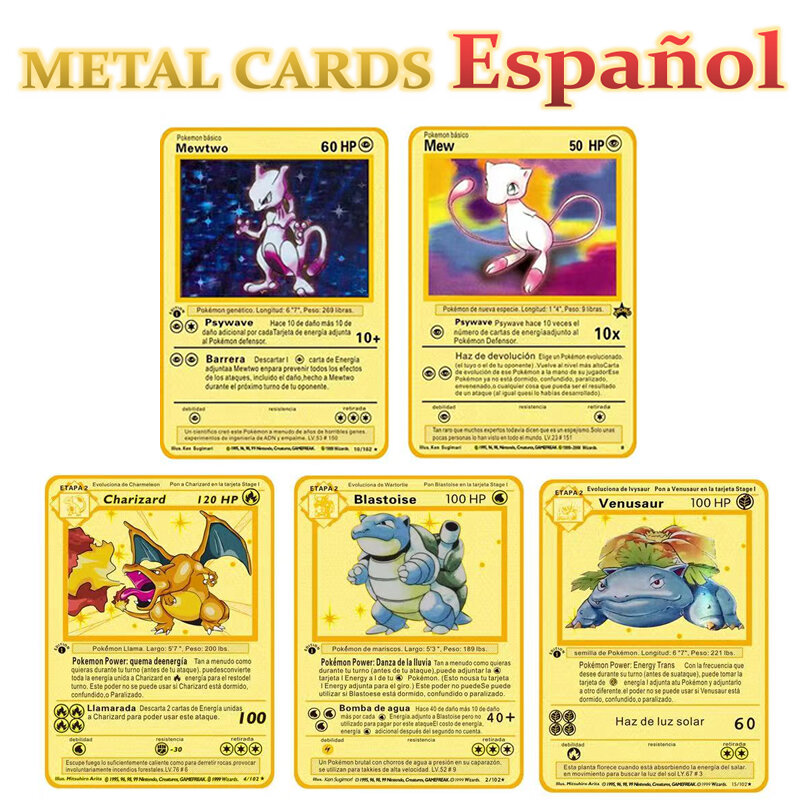 أحدث بوكيمون الذهب بطاقات معدنية في الإسبانية أنيمي الأصلي Charizard بيكاتشو بطاقات عمل لعب اطفال مجموعة هدية الكريسماس