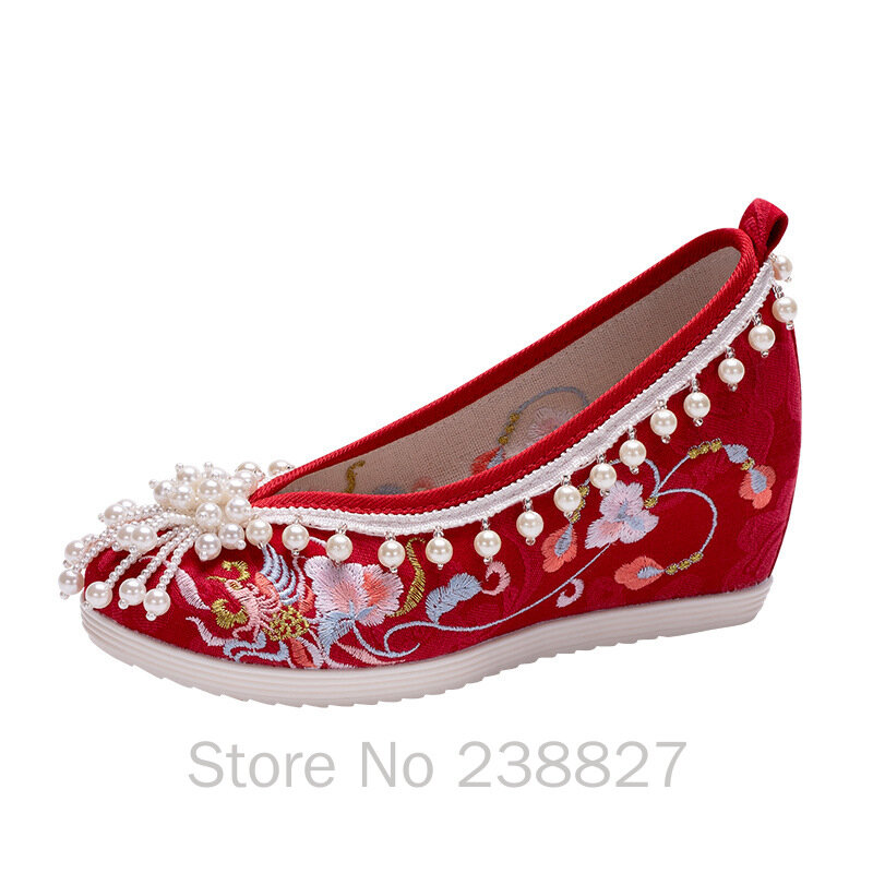 Xinhuaeasy Hanfu أحذية الزفاف الصينية القديمة التقليدية الشرقية Xiuhe الأحذية المطرزة مطرز الرجعية عالية الكعب القماش الأحذية