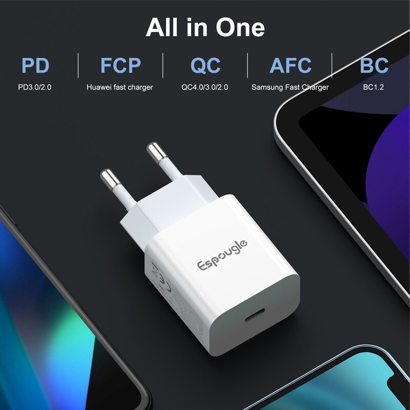 Espougle USB C شاحن سريع تهمة 4.0 3.0 QC 20 واط PD USB نوع C شاحن سريع آيفون 12 برو ماكس 11 Mini 8 Plus شاومي الهاتف