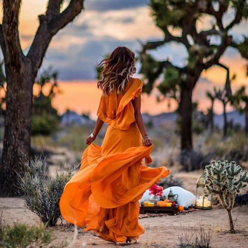 فستان سهرة أنيق برقبة على شكل حرف O للنساء من الشيفون بأكمام قصيرة برتقالي للحفلات خمر فستان طويل Vestido De Fiesta Largo #1
