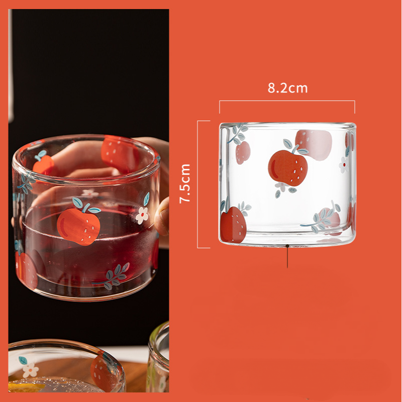 الإبداعية مزدوجة كوب ماء زجاجي لطيف التفاح البرسيمون الطباعة مقاومة للحرارة القهوة الحليب أكواب عصير المنزل عالية القيمة الزجاج #6