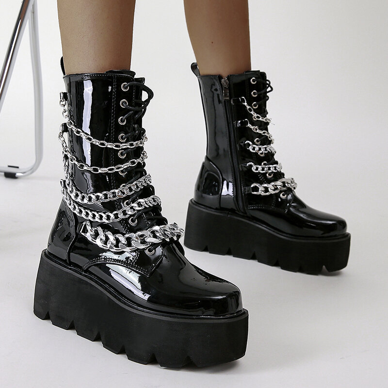 2021 شتاء جديد المرأة الأحذية موضة جولة تو سميكة سوليد سلسلة معدنية سستة الدانتيل براءات الاختراع والجلود إسفين كعب حذاء من الجلد