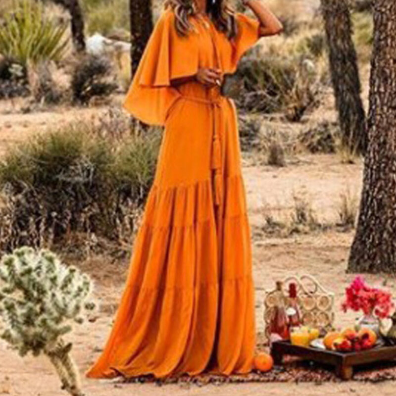 فستان سهرة أنيق برقبة على شكل حرف O للنساء من الشيفون بأكمام قصيرة برتقالي للحفلات خمر فستان طويل Vestido De Fiesta Largo #3