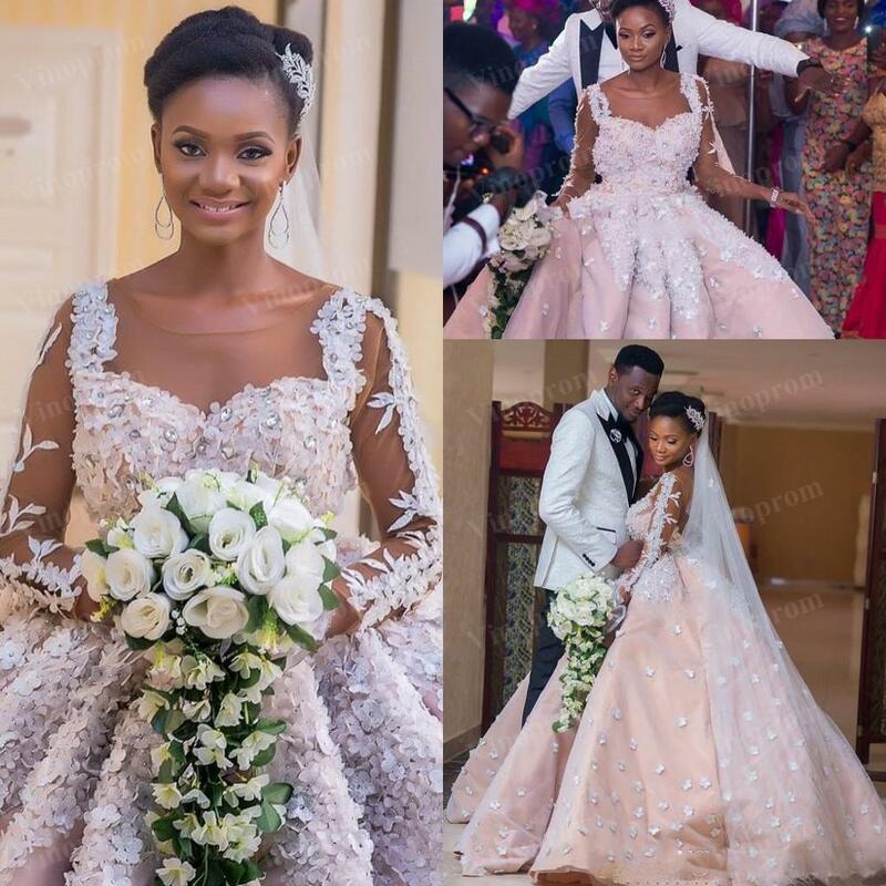 رائع ثلاثية الأبعاد الزهور فساتين الزفاف الأفريقية حجم كبير الرقبة شفافة طويلة الأكمام زي العرائس Ruched مطرز Vestidos الكرة ثوب