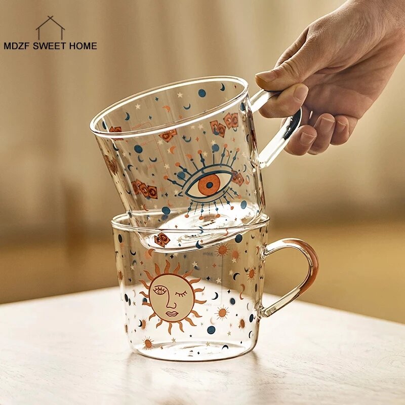 MDZF سويثوم 500 مللي مقياس الإبداعية الزجاج القدح الإفطار الحليب فنجان قهوة زوجين المنزلية كوب ماء الشمس العين نمط درينكوير