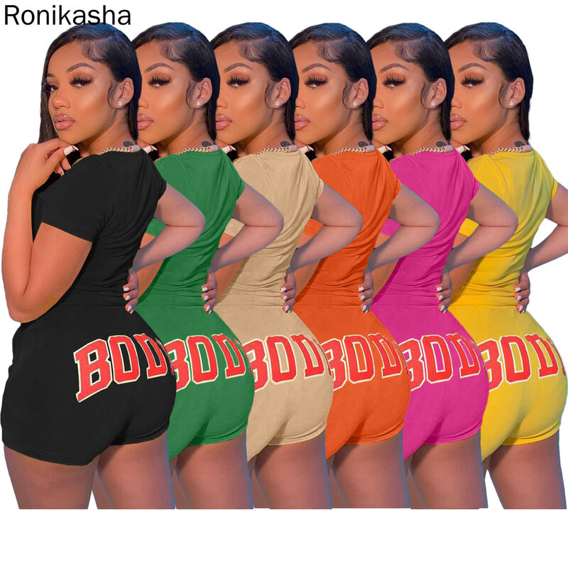 Roniksha ملابس الصيف المرأة عادية رسالة طباعة الجسم قصيرة س الرقبة كم الشارع الشهير بدلة عدو ملابس رياضية قطعتين مجموعات