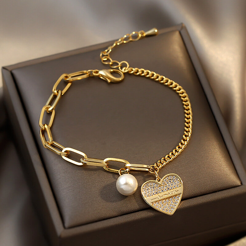 العصرية تصميم 14K الذهب الحقيقي القلب اللؤلؤ الربط سوار للنساء اكسسوارات مجوهرات الأزياء الكورية سحر AAA الزركون Ins الساخن