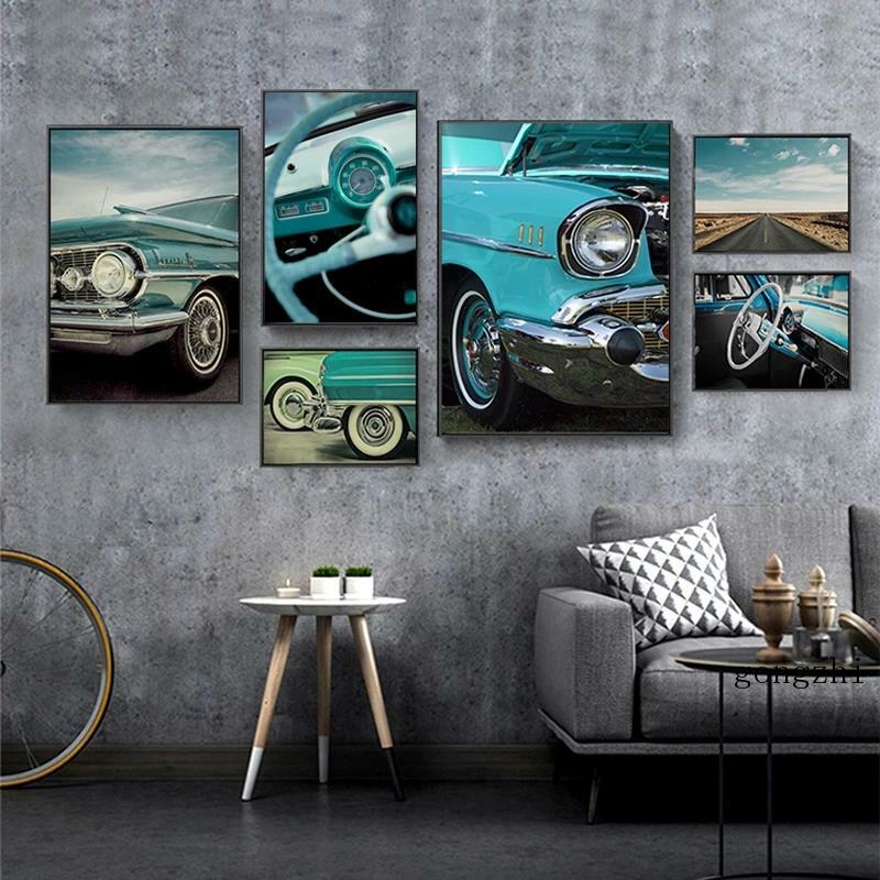 الرجعية سيارة الموضة التصوير الملصقات المشهد قماش اللوحة عشاق السيارات يطبع الحديثة صور فنية للجدران الحنين ديكور #1