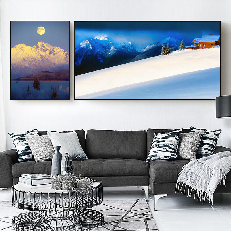 المشهد النفط اللوحة الغروب الثلوج الجبل الفن قماش اللوحة غرفة المعيشة الممر بار ديكور المنزل جدارية