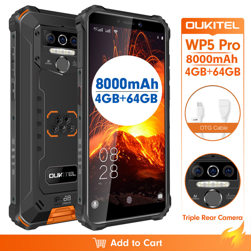 هاتف OUKITEL WP5 Pro الذكي IP68 مقاوم للماء 4GB 64GB الهاتف المحمول 8000mAh أندرويد 10 كاميرا ثلاثية الوجه/بصمة معرف 5.5 بوصة