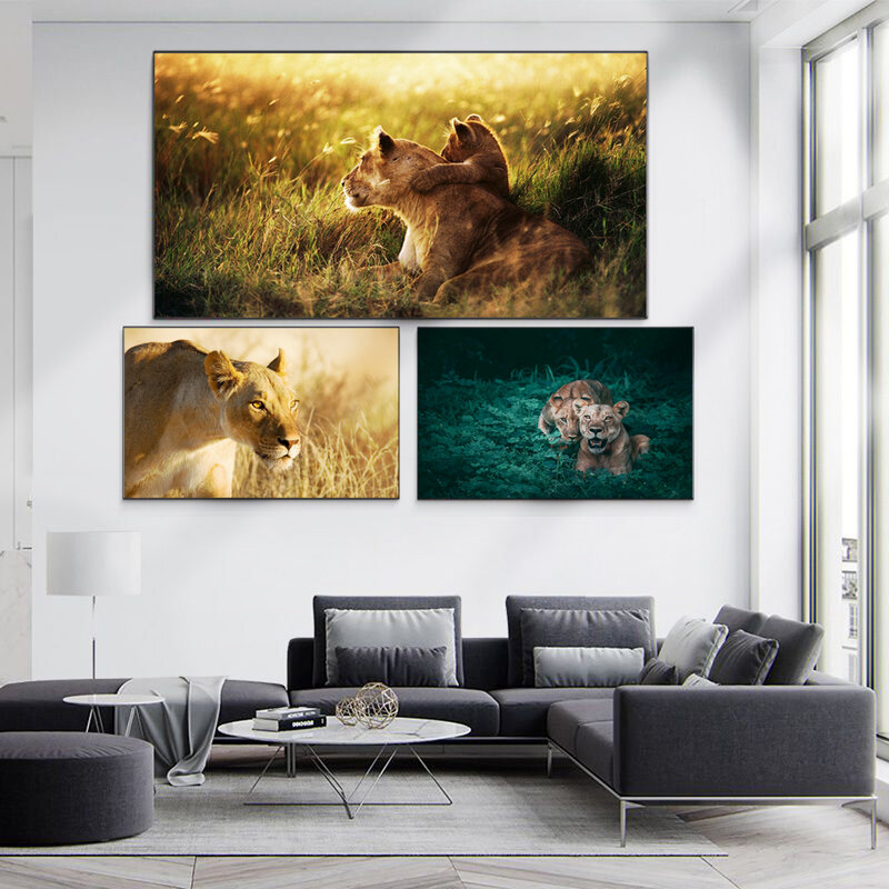 لوحة زيتية على شكل حيوانات أسد عشبي وأسد صغير لوحة قماشية فنية لغرفة المعيشة والمكاتب لوحة جدارية للديكور المنزلي