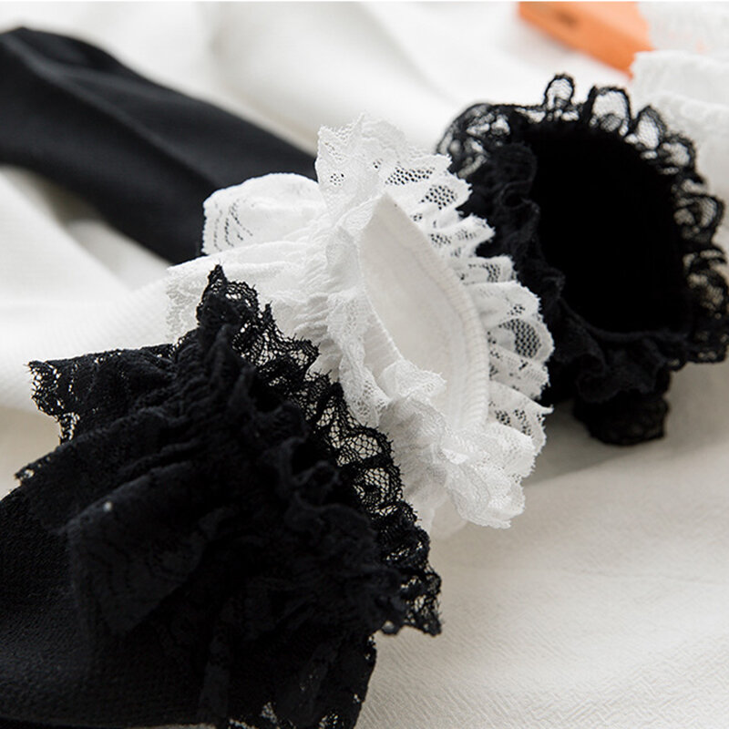 النساء الدانتيل شبكة أسود أبيض جوارب قطنية لوليتا نمط اليابانية البكر جميل الجوارب القصيرة Harajuku Frilly كشكش الأميرة الجوارب
