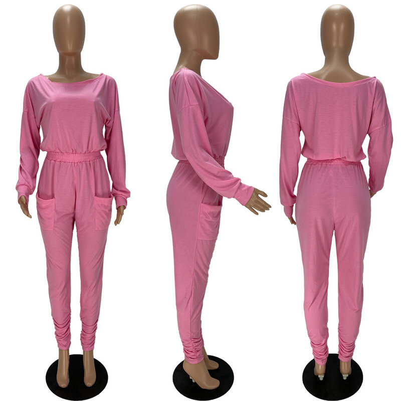 بذلة نسائية من PLSW ملابس خروج وردية اللون بأكمام طويلة وجيب أنيق قطعة واحدة ملابس بذلات فضفاض #6